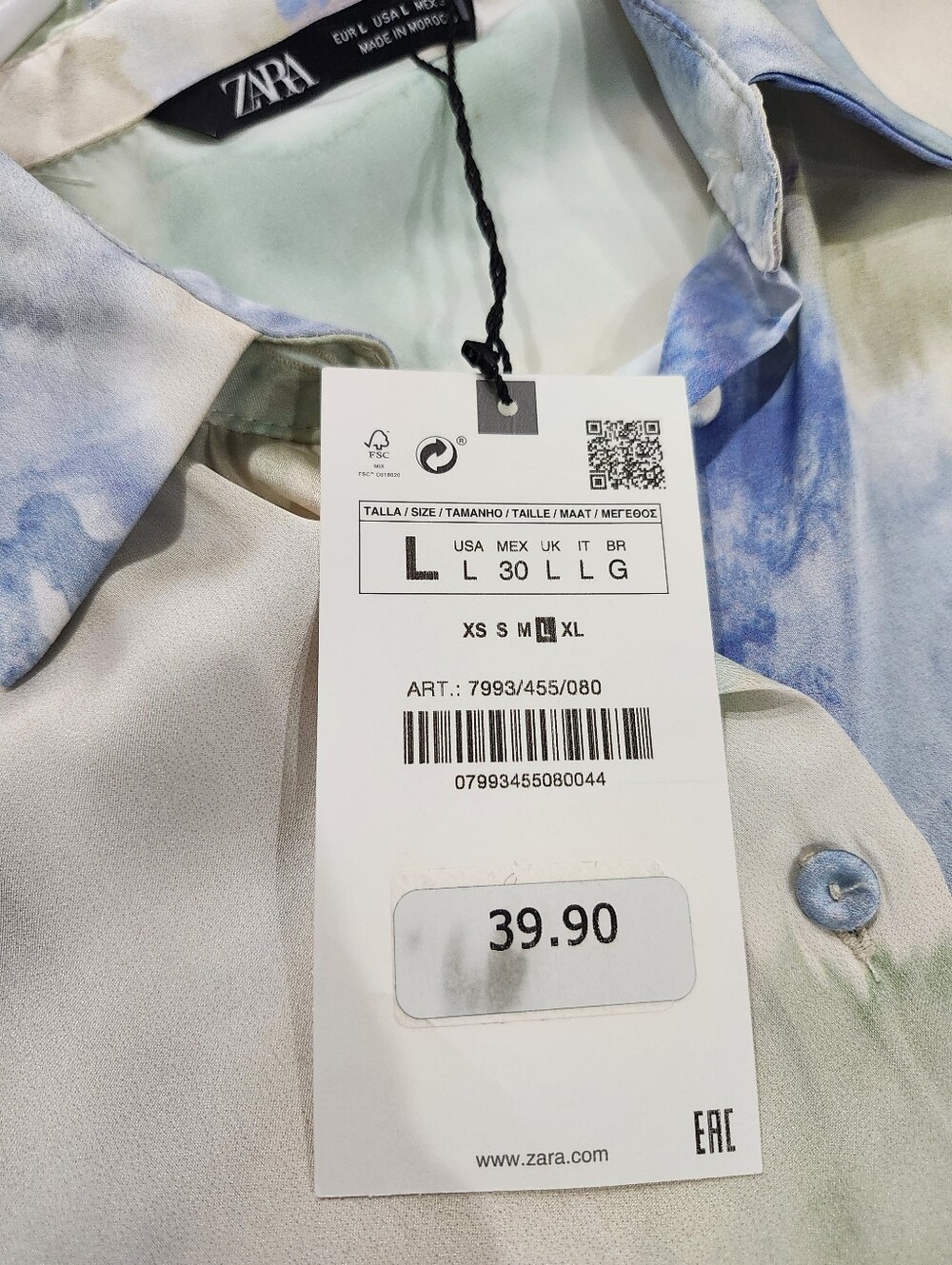 ZARA Satin Effect Tie Dye Long Sleeve Blouse Oversized Watercolor Print Size Lrg - Picture 3 of 7